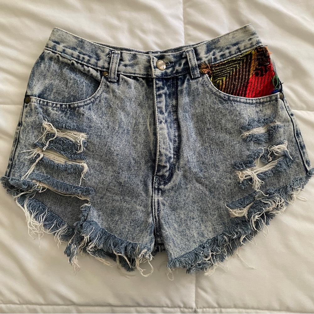 Rare 80s Hoko Jeans Acid Wash Cut Off Shorts Embroidered Rasta Vintage Festival